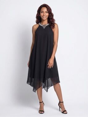 Black Sleeveless Evening Dress with Embellished Neckline